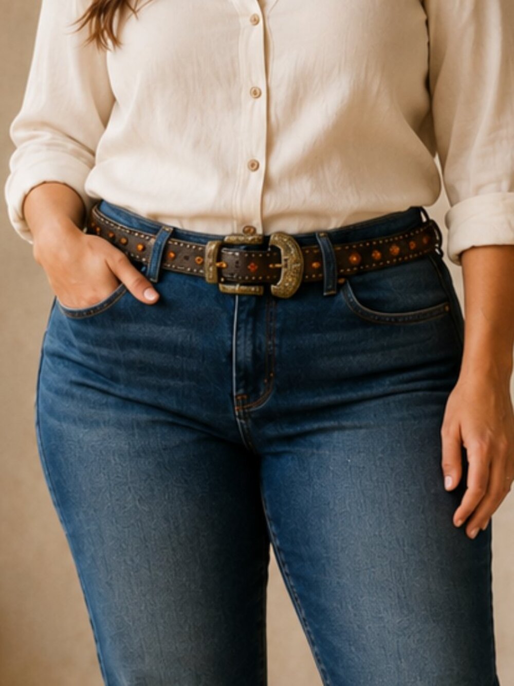 Western Rhinestone Studded Leather Belt Dark Brown XL Orange Stones